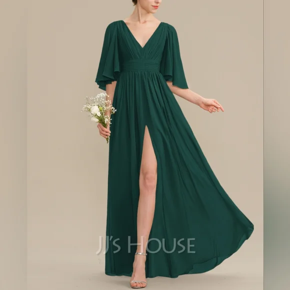 Off The Shoulder Bridesmaid Dress for Women – Chiffon Floor Length Wedding Guest Dress with Split